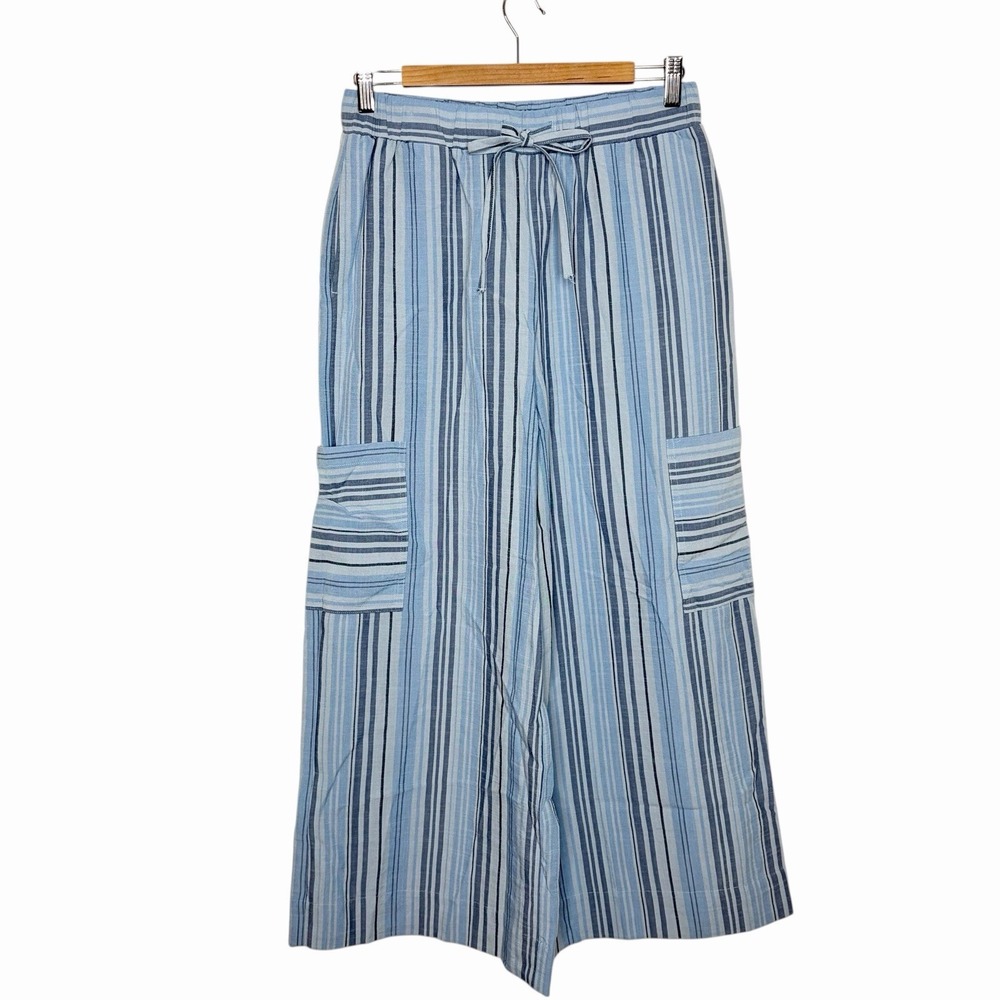 Halara Striped Wide Leg Cropped Pants Blue Womens Size Small Coastal Boho Beachy